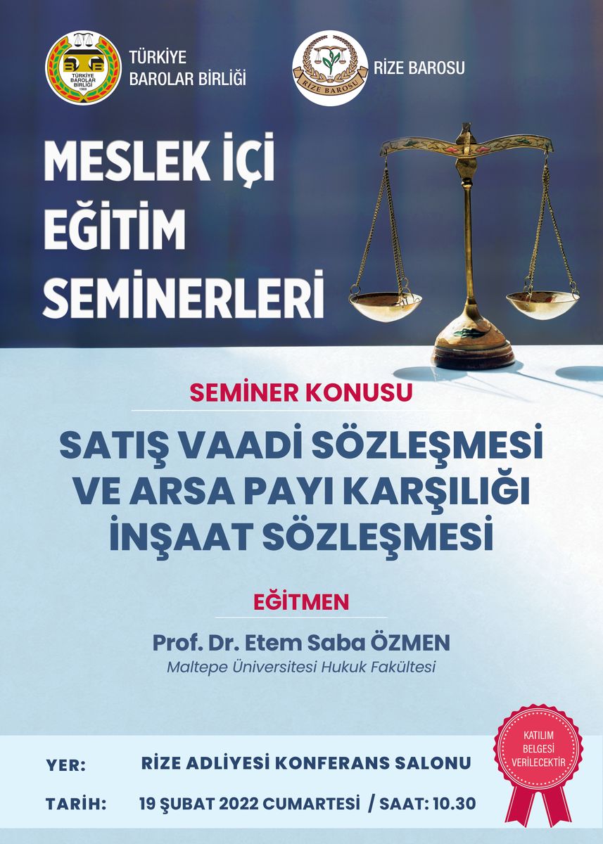 Kaufversprechen und Bauleistungsvertrag gegen Grundstücksanteil (Anwaltskammer Rize) — Plakat